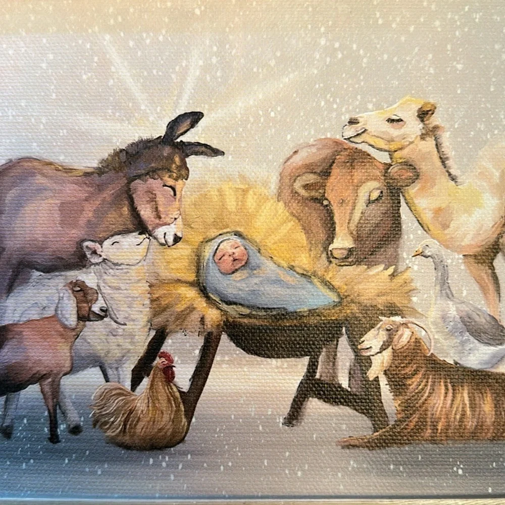 Green box are nativity scene framed print farm animals